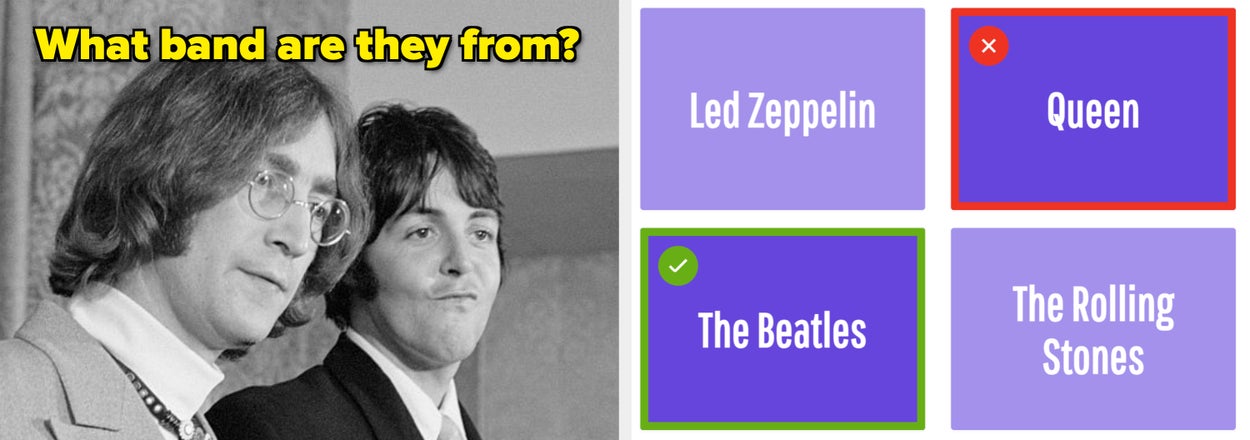 Two musicians in suits. Text asks, "What band are they from?" with answer options. Correct choice highlighted: The Beatles