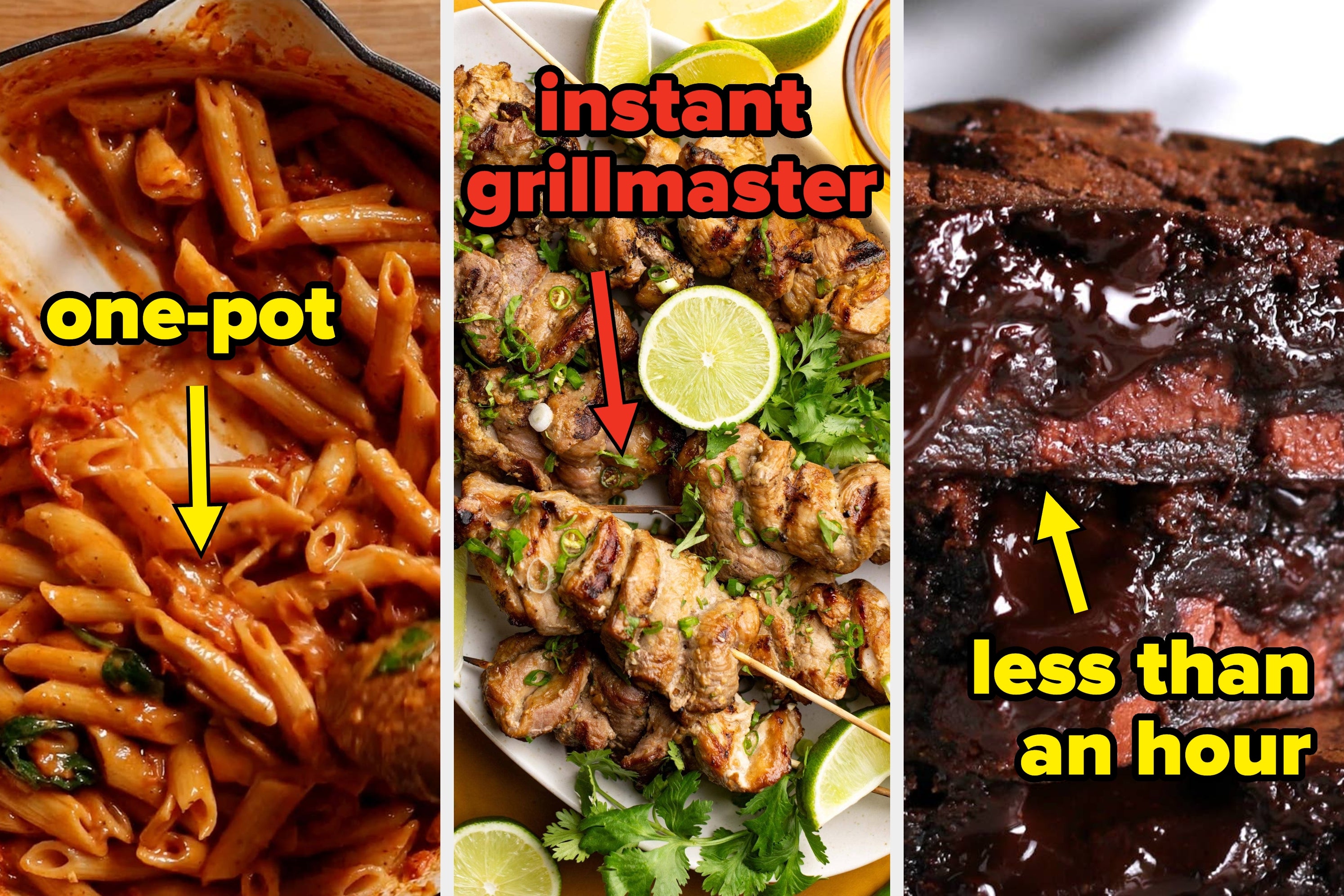 Three dishes: one-pot pasta, grilled chicken skewers with lime, and a chocolate dessert, all easy to prepare in under an hour