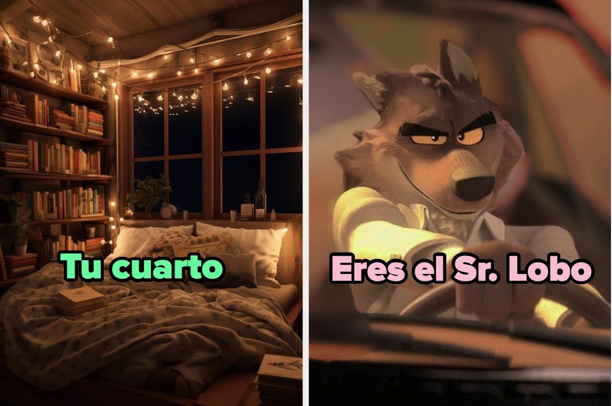 A la izquierda, una cama acogedora con luces y libros. A la derecha, un lobo animado conduciendo. Texto: "Tu cuarto" y "Eres el Sr. Lobo"