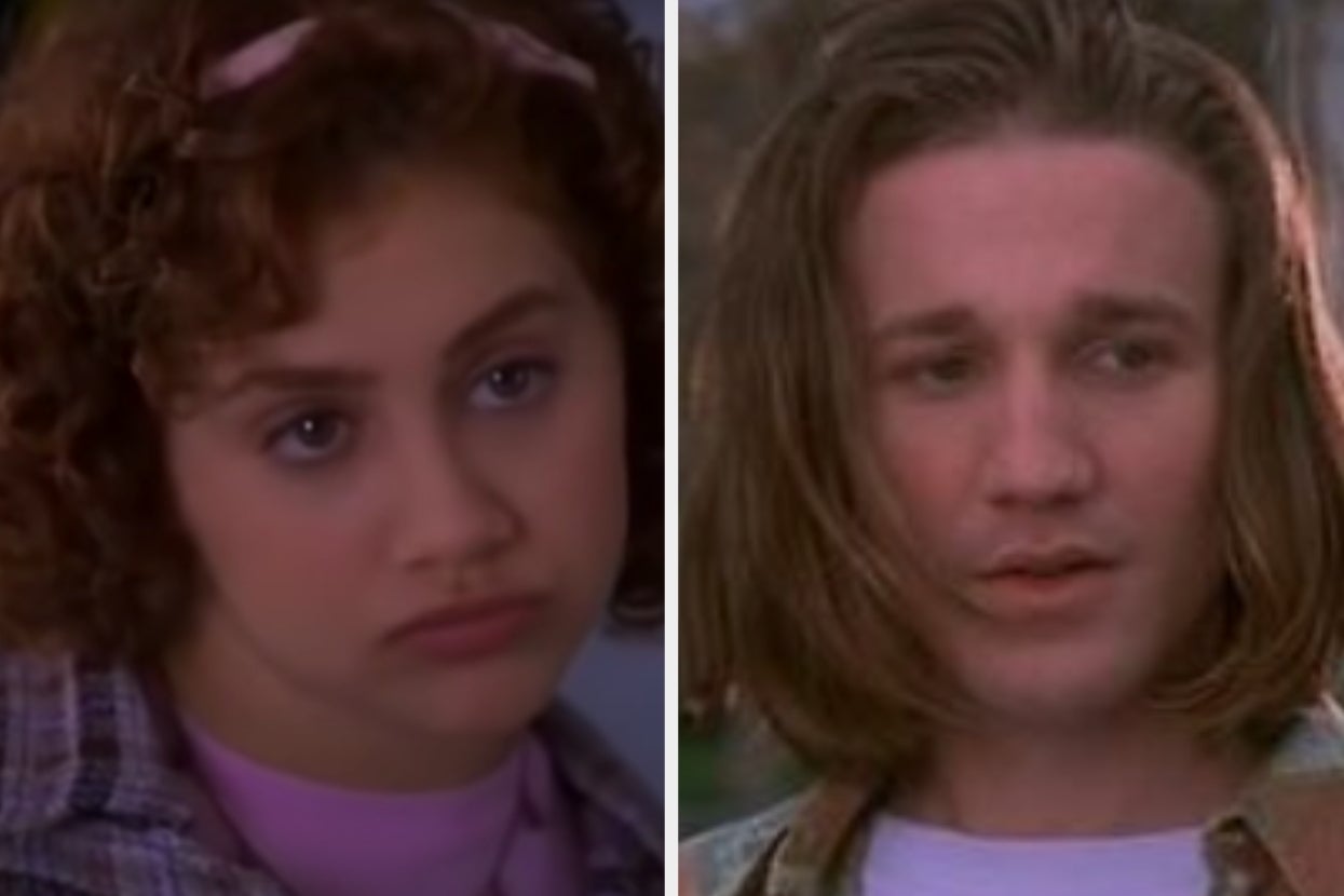 Two scenes from a TV show with two characters: one with curly hair and a plaid jacket, and another with long hair speaking outdoors