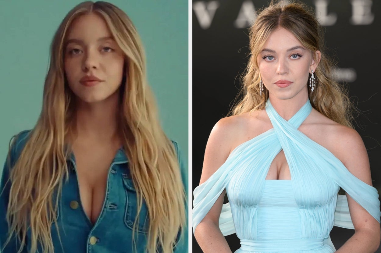 Two side-by-side images of the same person. On the left: casual denim outfit. On the right: elegant gown with cross-over neckline, worn at an event