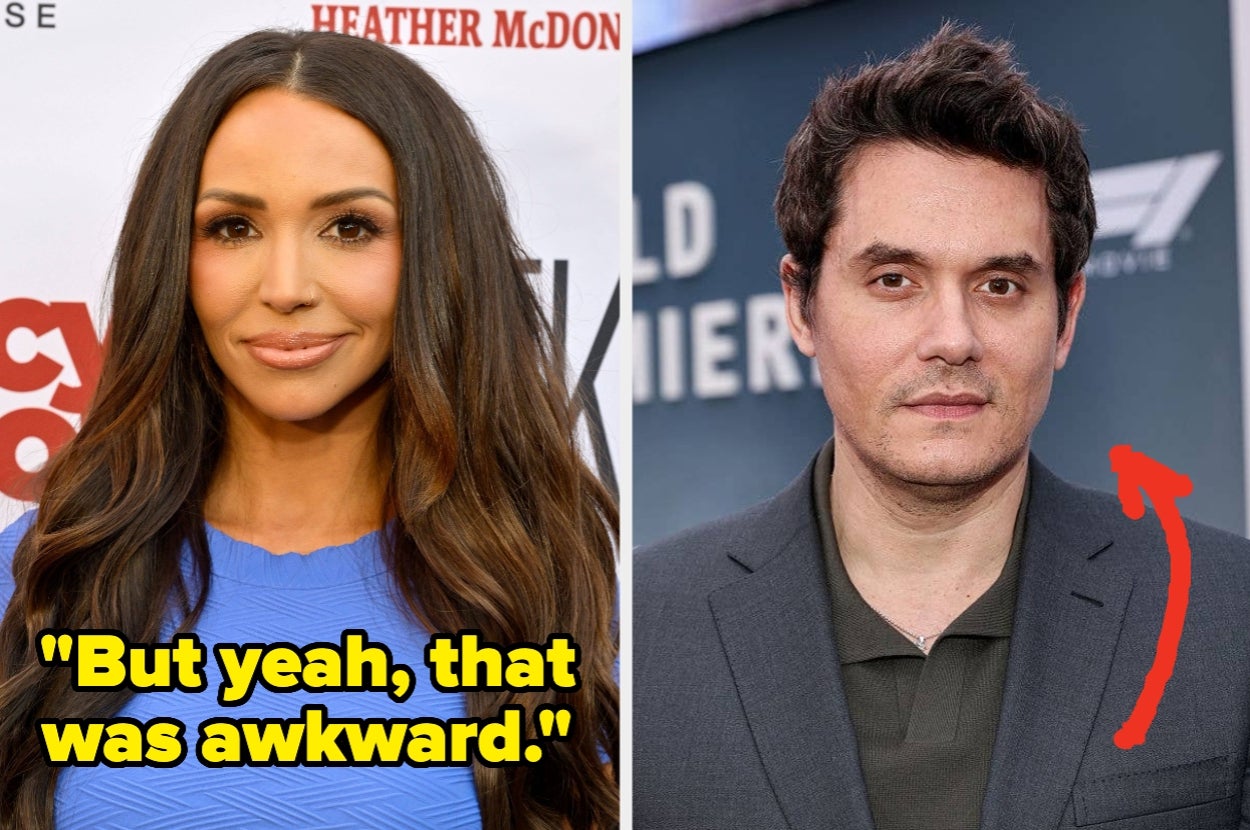 Two people are pictured side by side; the left person is wearing a blue top, and the right person is in a suit. A quote reads: "But yeah, that was awkward."