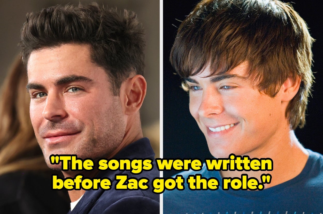 Two photos of a well-groomed man, one current and one younger, with text: "The songs were written before Zac got the role."