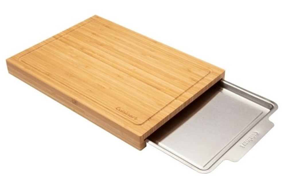 Bamboo cutting board with a metal tray that slides out. Perfect for kitchen prep and easy cleanup