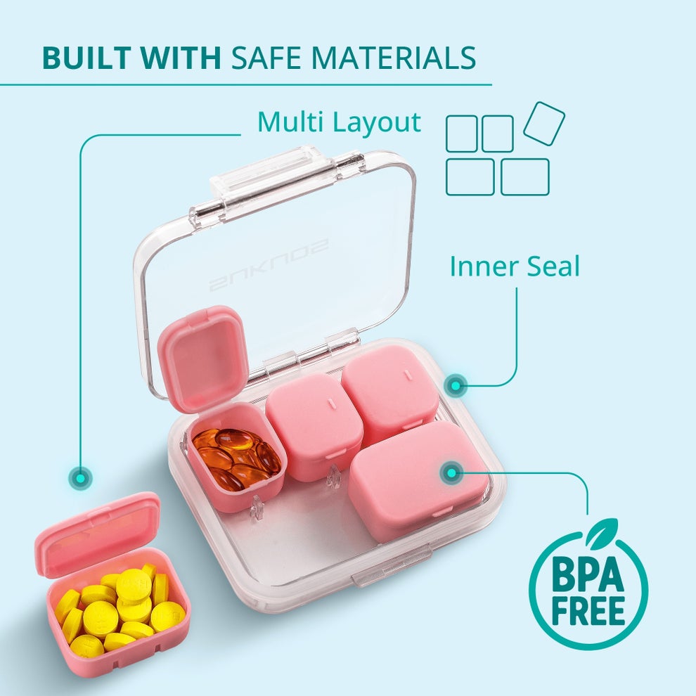 Transparent pill organizer with pink compartments and pills inside. Features include BPA-free, inner seal, and multi-layout options