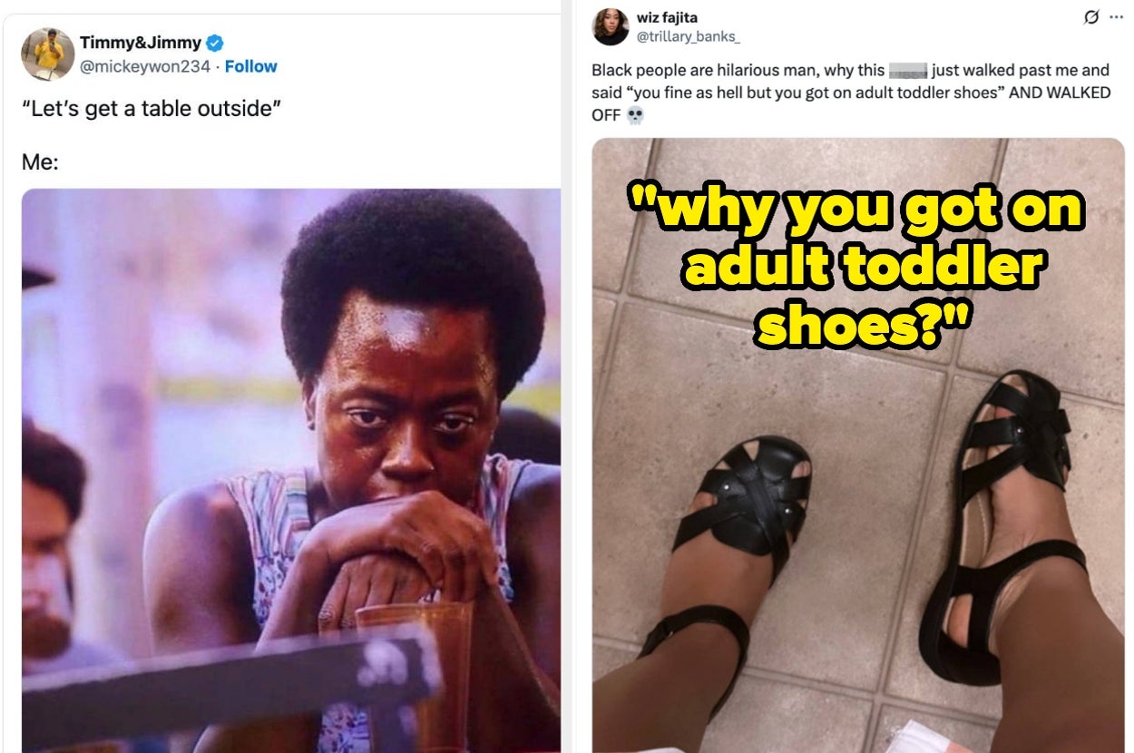 On the left, a meme depicts a person looking contemplative. On the right, a tweet comments humorously on someone wearing sandals