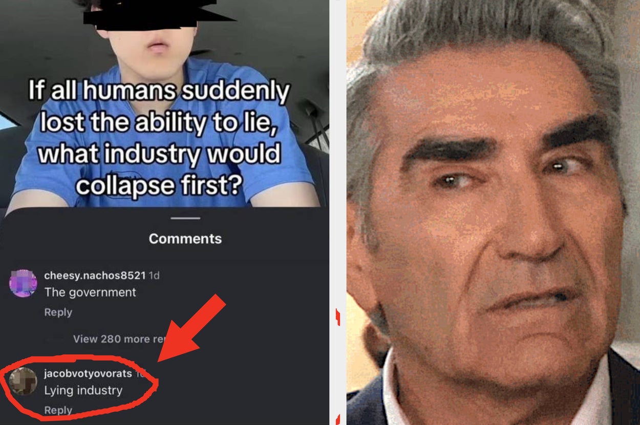 Split image: Left shows a meme questioning what industry would collapse if humans couldn't lie; a reply suggests "Lying industry." Right shows a serious expression