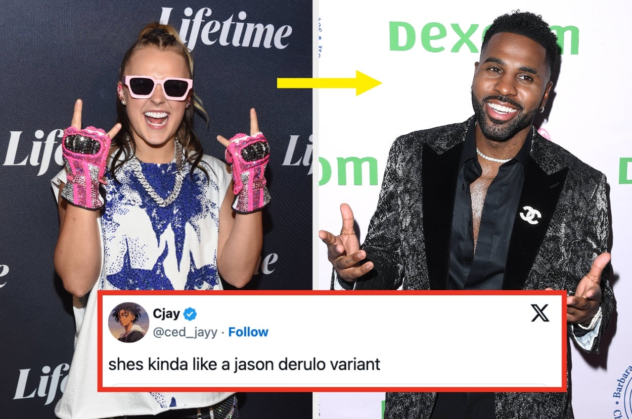 JoJo Siwa in a sleeveless shirt and gloves on the red carpet vs Jason Derulo in a patterned suit