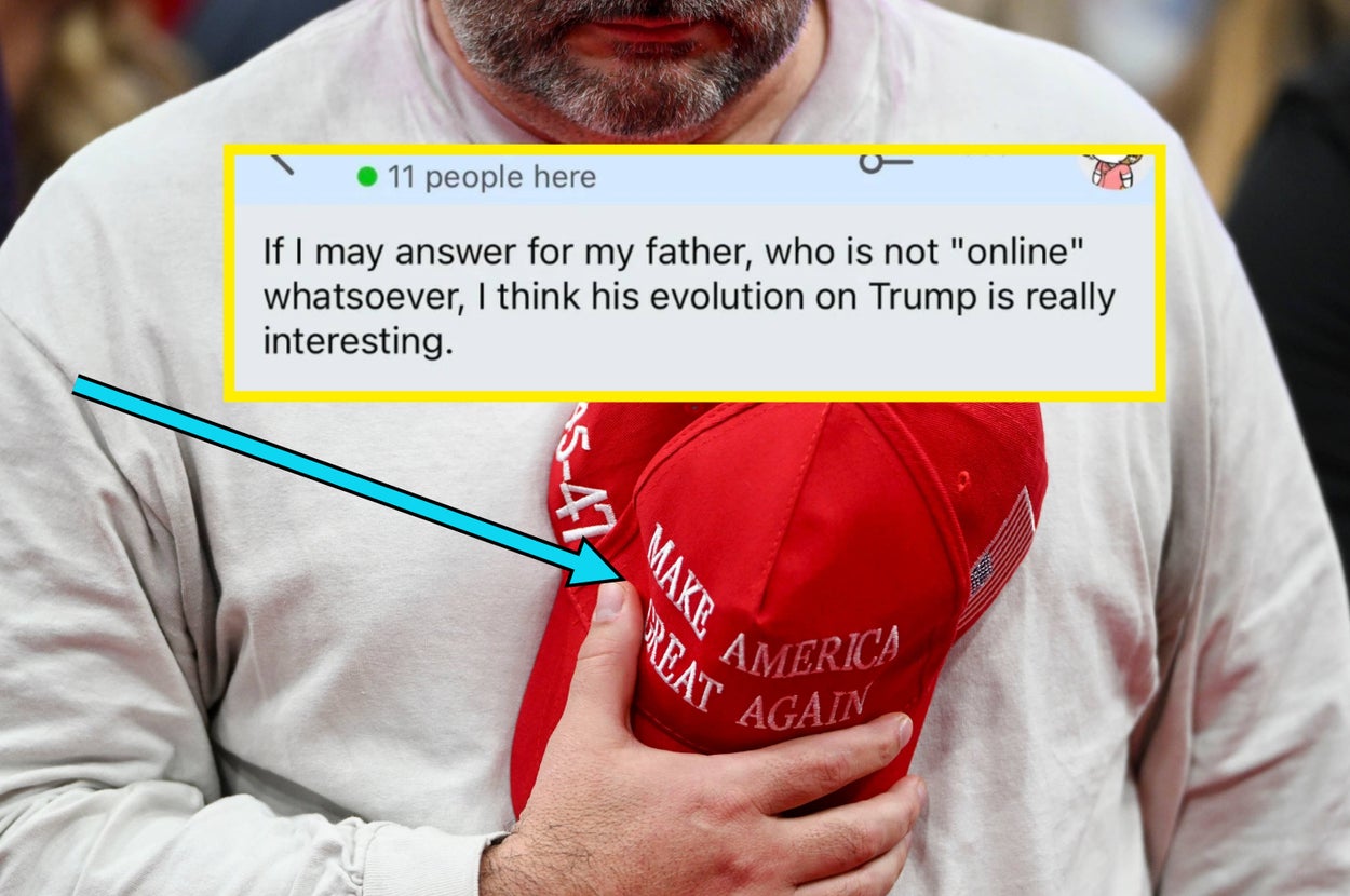 Close-up of a bearded person wearing a "TRUMP" cap, with text overlay mentioning a father's evolution on Trump