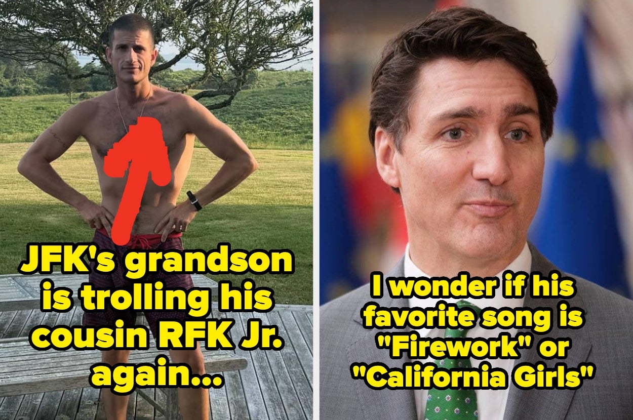 Side-by-side image: Man with red arrow on shirtless torso and text about JFK's grandson. Second image: Man in suit with joking text about song preferences