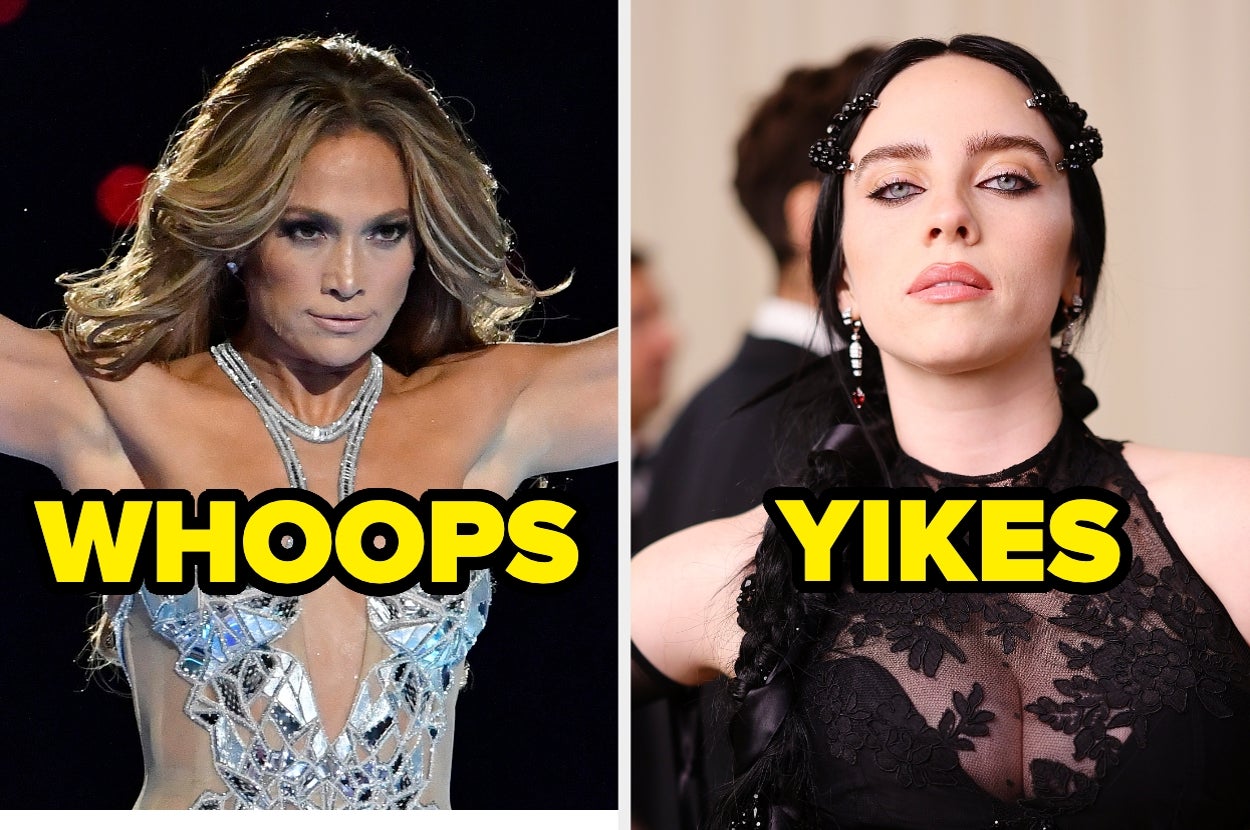 Two images of women on stage with bold text overlay; "WHOOPS" and "YIKES."