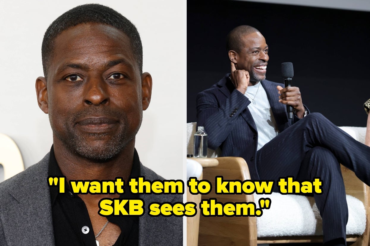 Sterling K Brown up close vs Sterling K Brown speaking into a microphone onstage, sitting with a leg crossed