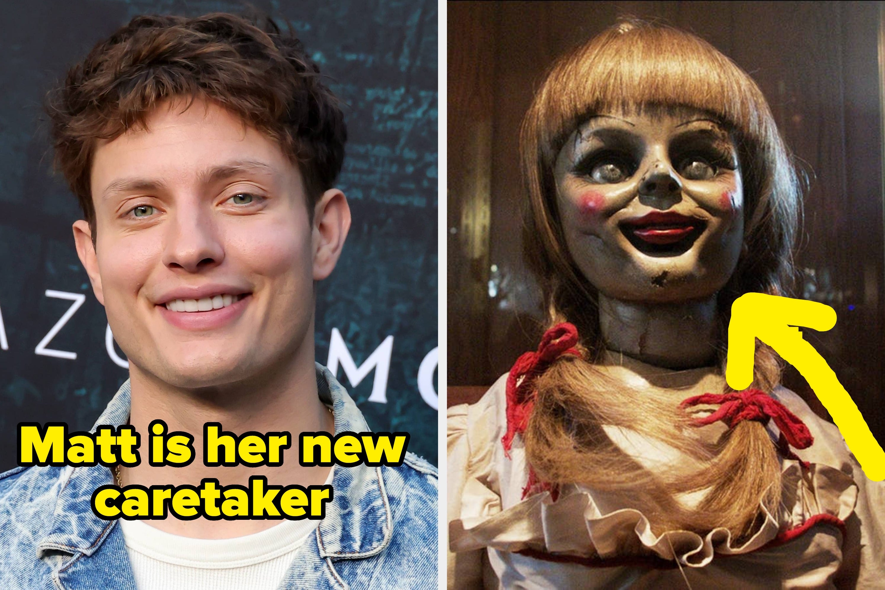Person smiling in a denim jacket beside a horror-themed doll with a braids and painted face