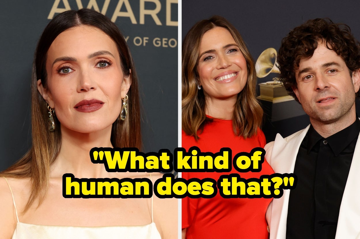 Two images: Left shows a woman in an elegant sleeveless dress. Right shows her smiling alongside a man in a black suit, text overlay reads "What kind of human does that?"