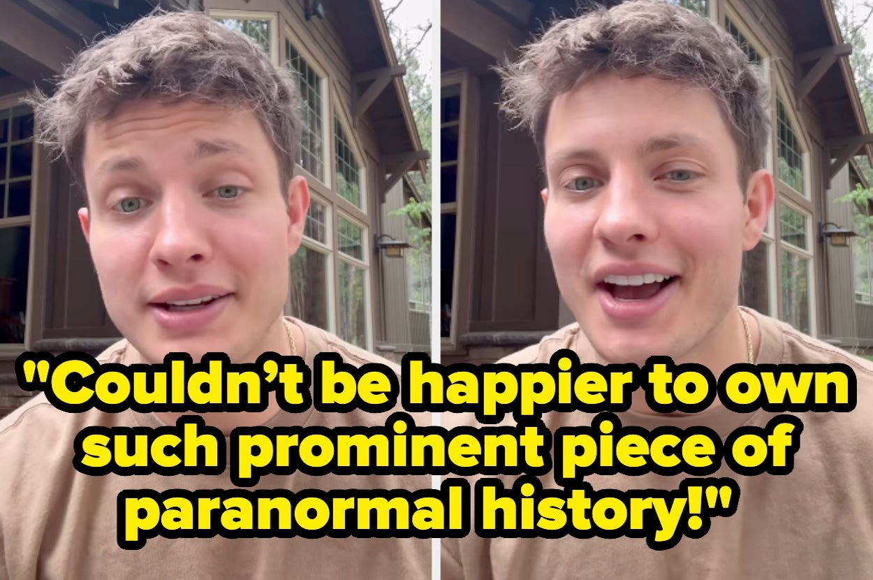 Person expressing delight about owning a piece of paranormal history, shown in two images with identical quotes