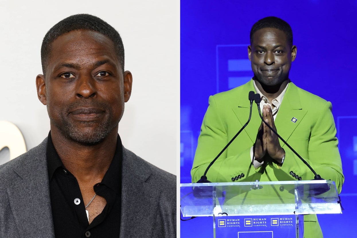 Sterling K Brown in a suit jacket poses vs Sterling K Brown at a podium in a suit