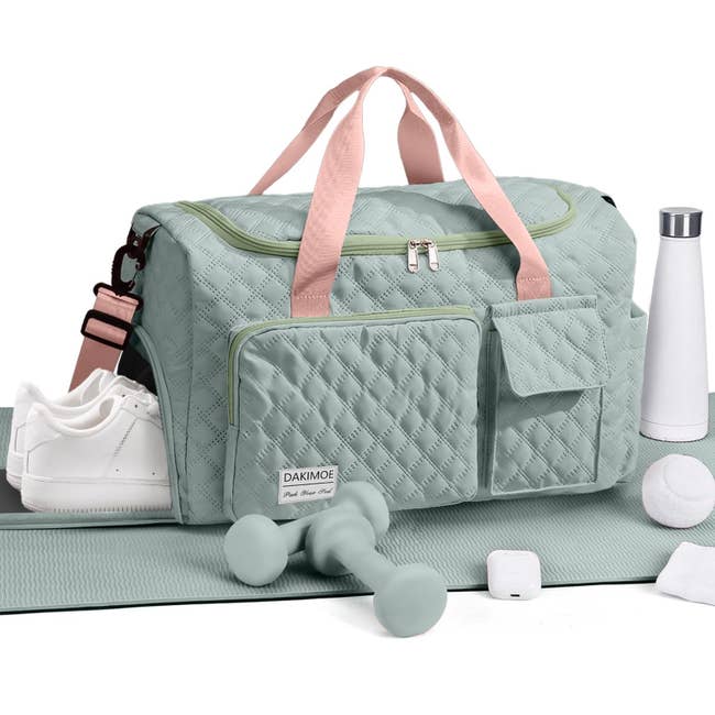 sneakers, h2o bottle, weights, yoga mat, and earbuds