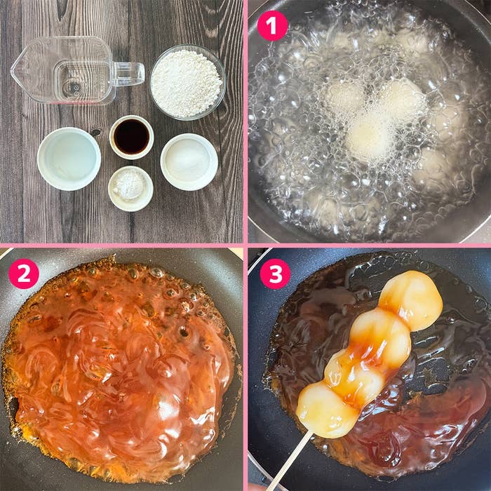 みたらし団子を作る手順。1: 小鍋で団子をゆでる。2: 鍋でみたらしソースを作る。3: 団子にソースを絡めるシーン。