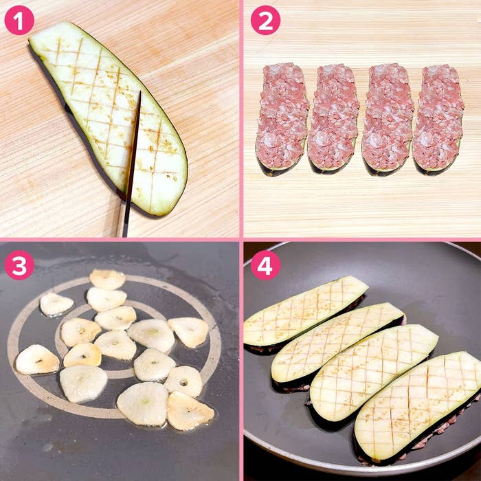 4ステップで作るナスとひき肉の調理: ナスに切り込みを入れ、ひき肉を用意し、にんにくを炒め、ナスをフライパンで調理する。