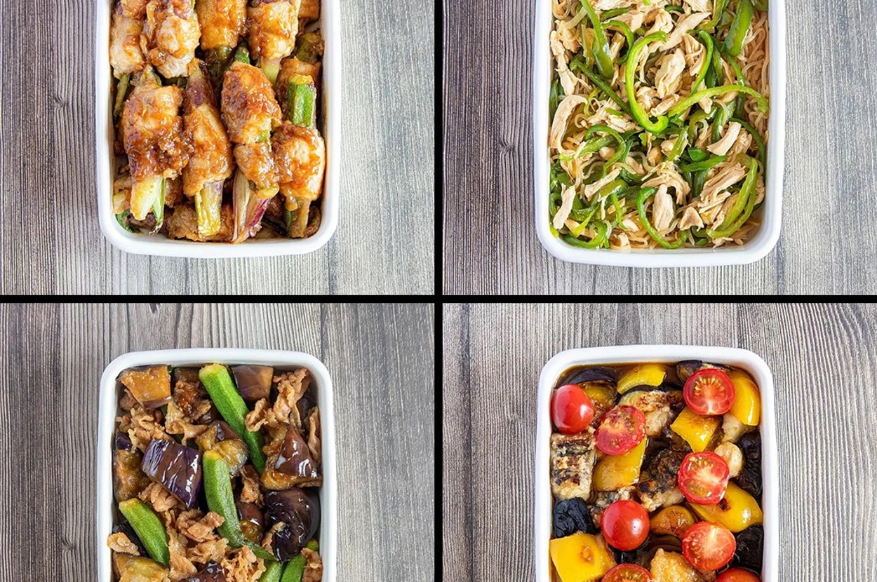 4種類の作り置き。肉巻き野菜、野菜炒め、茄子とオクラの炒め物、トマトとパプリカの惣菜がそれぞれの容器に入っている。