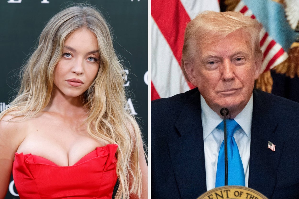 Split image of Sydney Sweeney and Donald Trump at separate events