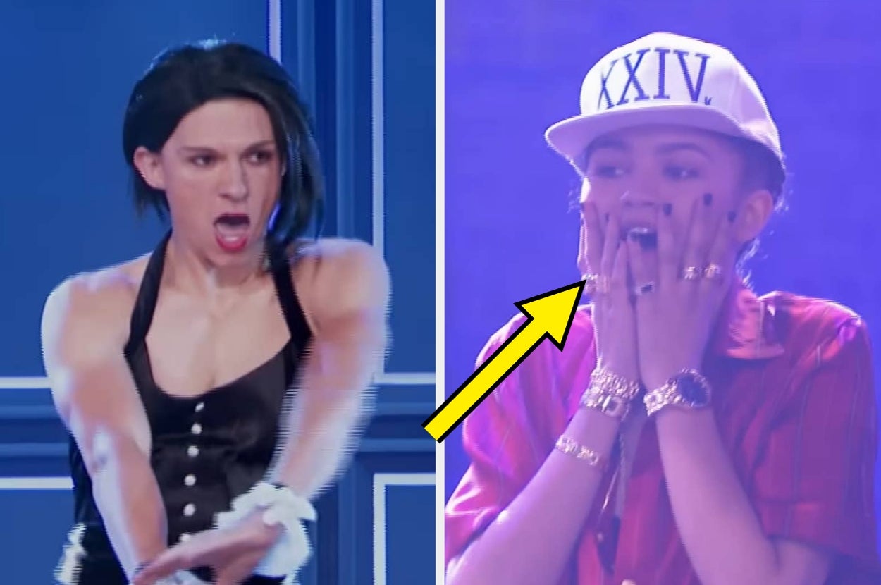 Left: Tom Holland performing on stage in a sleeveless outfit and wig. Right: Arrow pointing at Zendaya reacting with a surprised expression