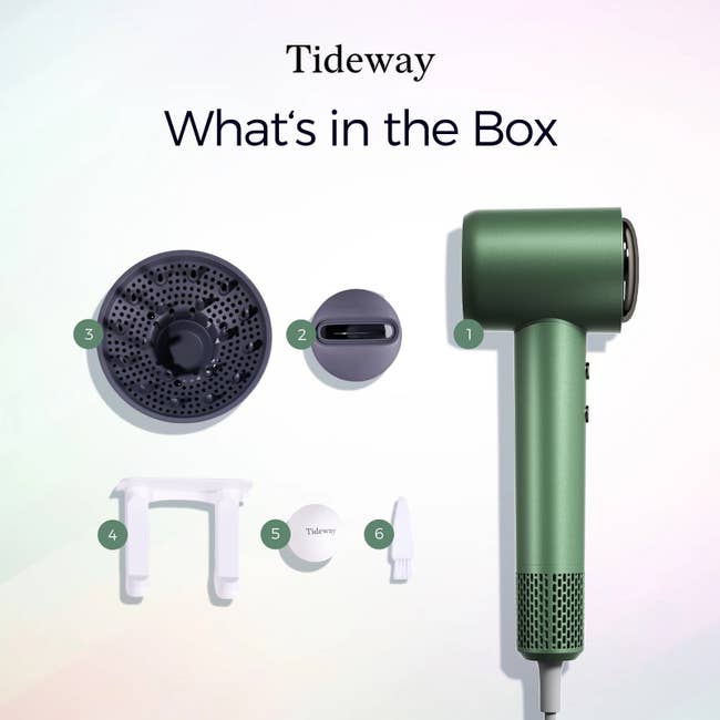 Hair dryer acceptable including diffuser, concentrator nozzle, styling combs, and accessories labeled arsenic Tideway