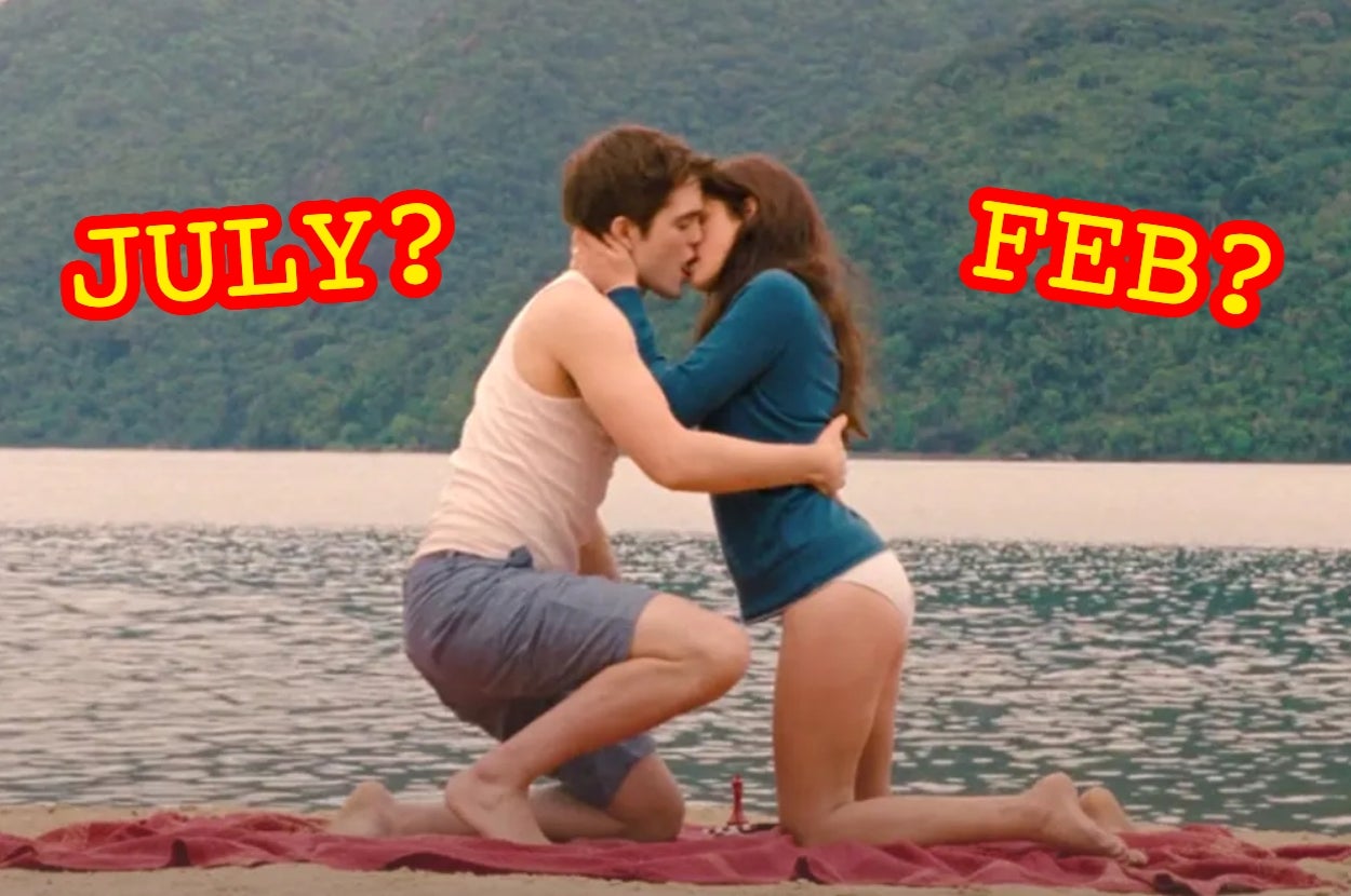 A couple kneels and kisses on a beach, with text "JULY?" and "FEB?" suggesting different months