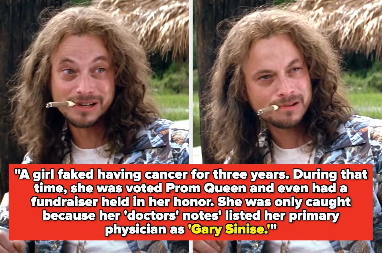 Split image of a character with long hair and a cigar. Text below describes a story of a girl who faked cancer, with a humorous detail about her physician's name