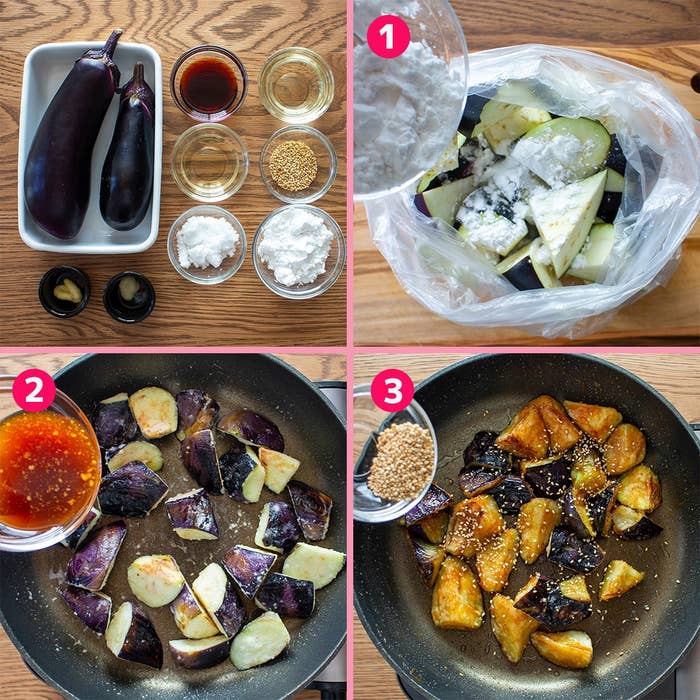 料理の手順:1) ナスに片栗粉をまぶす。2) フライパンでソースと共に炒める。3) ごまを振りかけて仕上げ。