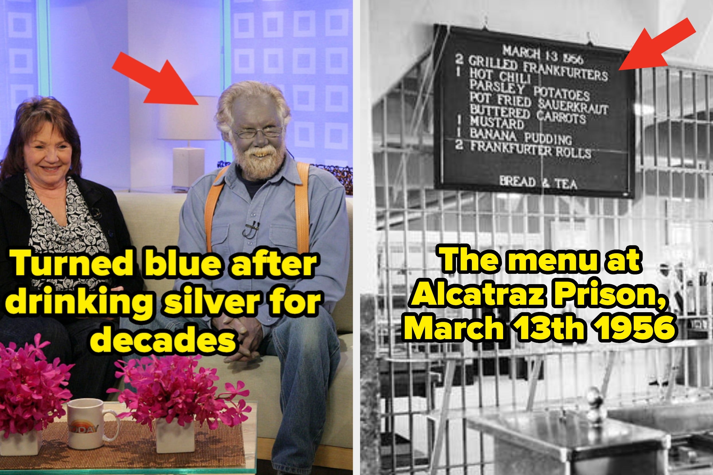 Man with blue skin sits on a talk show sofa, paired with an image of Alcatraz Prison's 1956 menu featuring frankfurters and sauerkraut