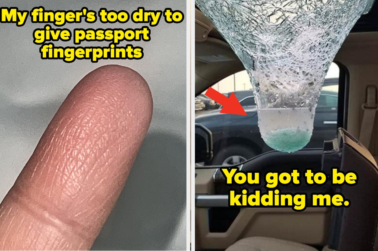Close-up of a dry finger with text about fingerprint issues on the left, and a leaking car ceiling with ice and a cup on the right