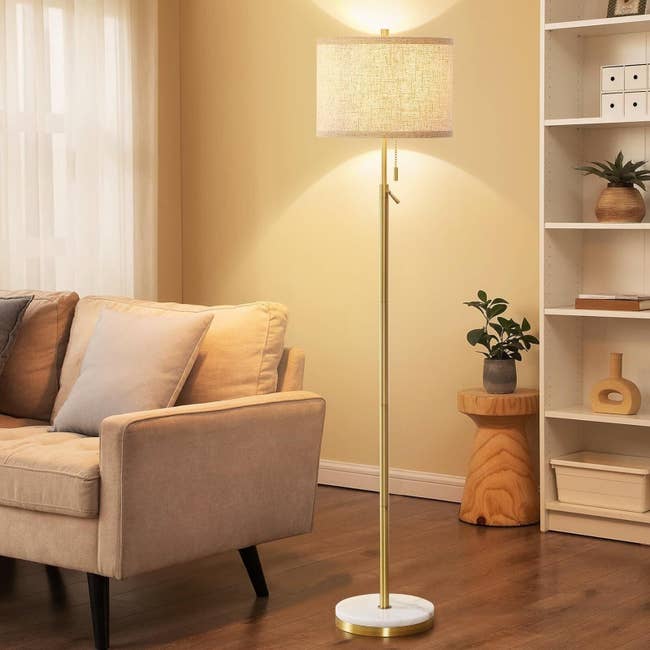 Modern surviving country with a beige sofa, a brass level lamp with a textured shade, and woody shelves displaying minimal decor