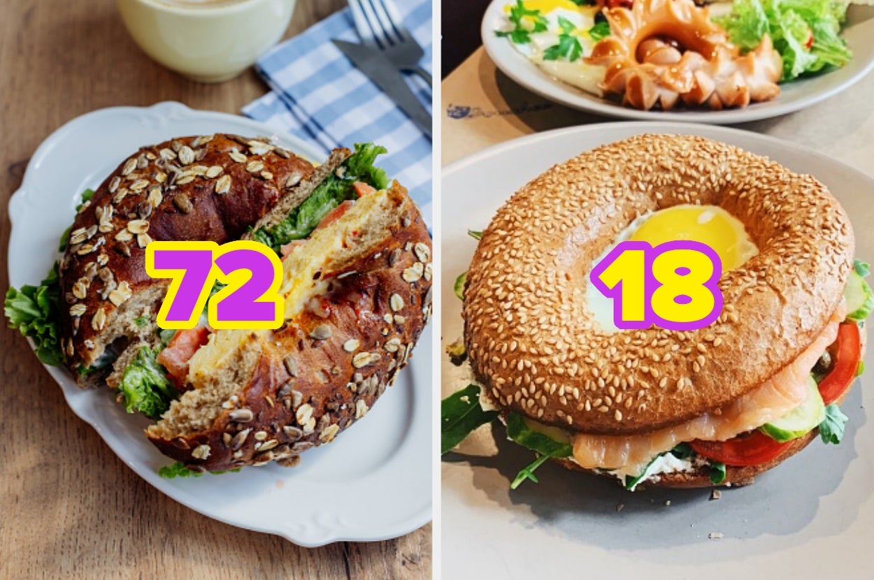Two bagels with numbers 72 and 18 overlaid. Left bagel has veggies and eggs; right bagel has salmon and greens