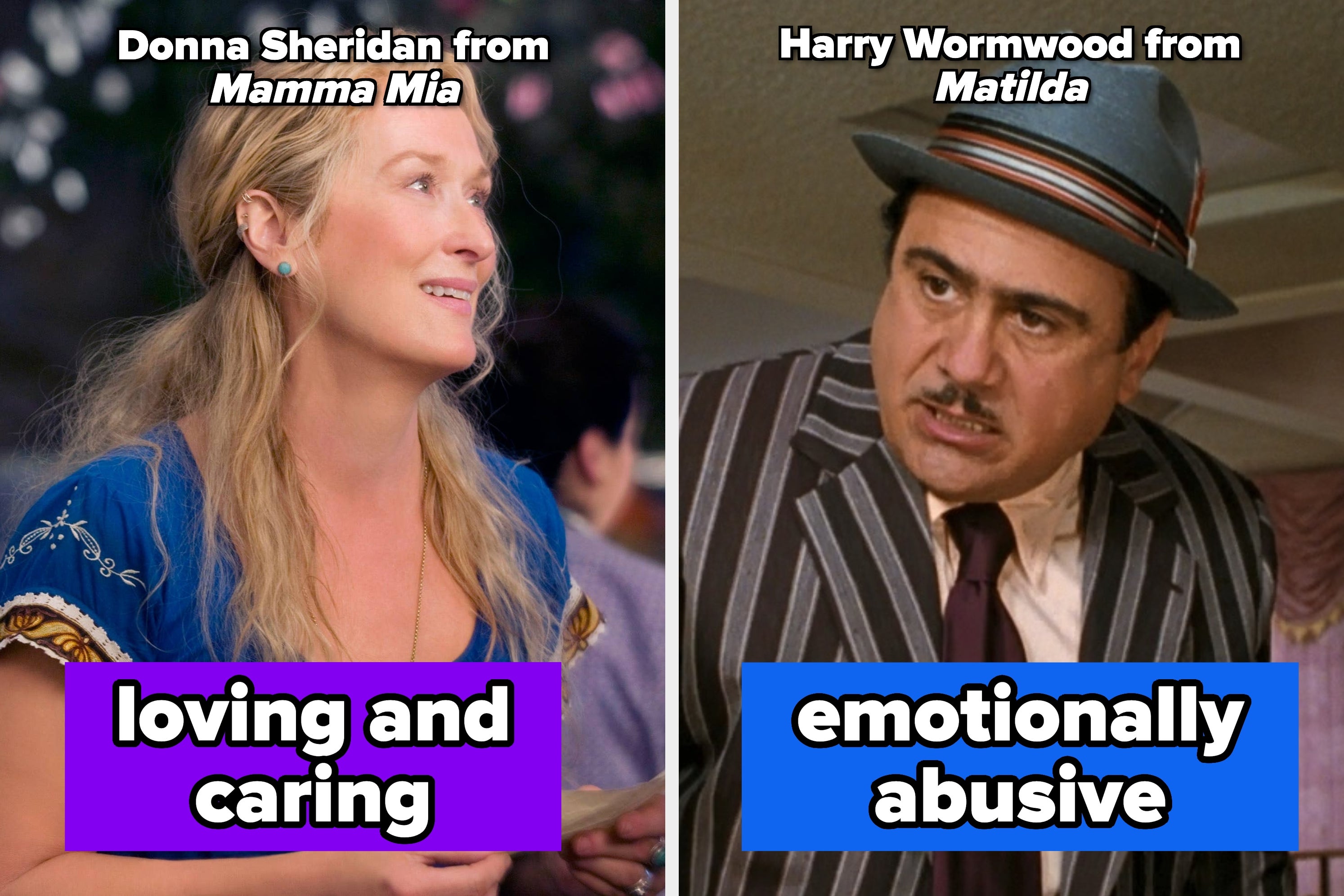Split image: Left shows a woman in a bohemian-style dress labeled "Loving and caring." Right shows a woman in glasses and a coat labeled "Emotionally Abusive."