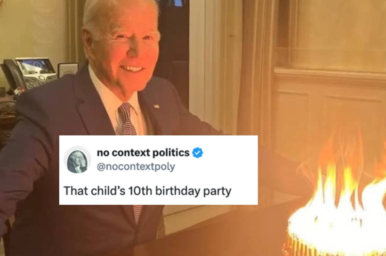 A person smiling beside a cake with lit candles; tweet overlay reads, "That child's 10th birthday party."