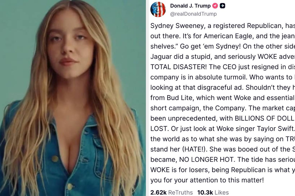 A woman in a denim outfit stands beside a text-filled tweet discussing political opinions and controversies involving various public figures