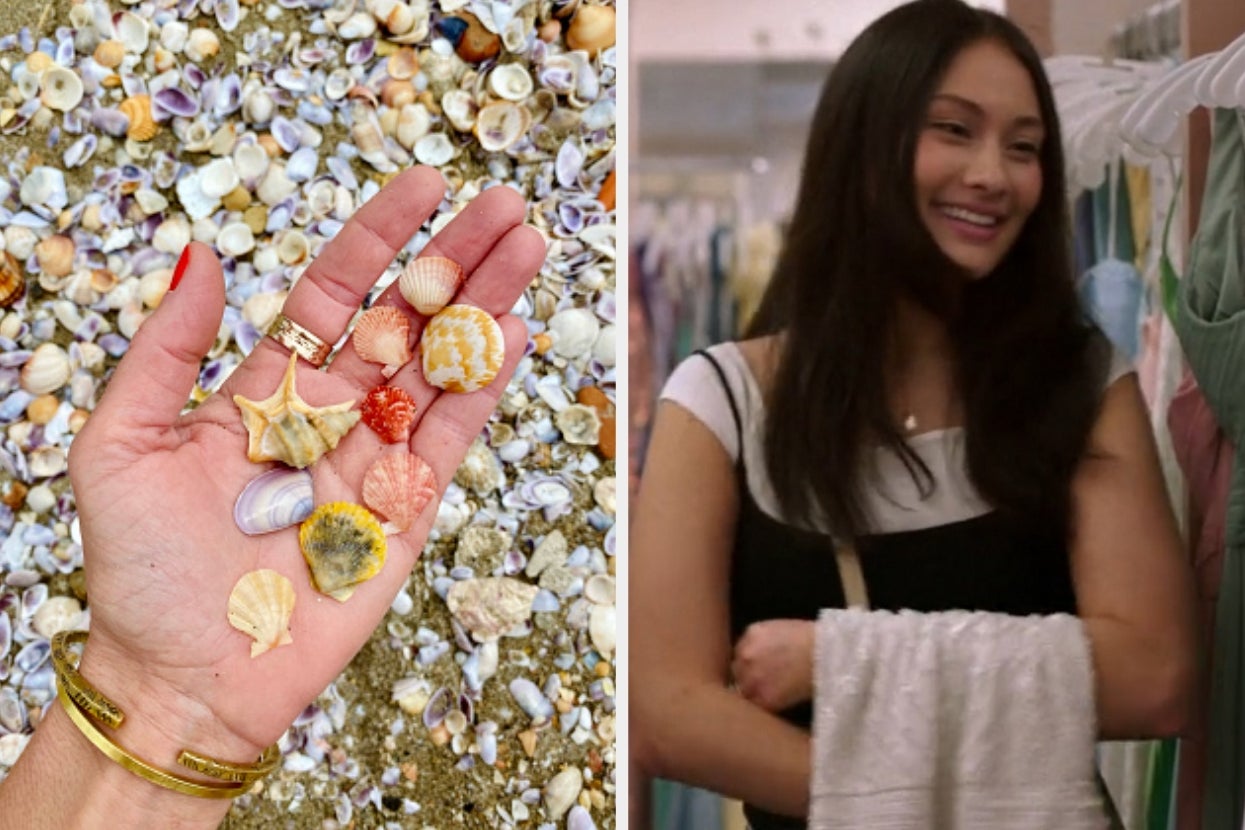 Left: Hand holding various seashells on a beach. Right: Woman smiling, holding clothes in a store