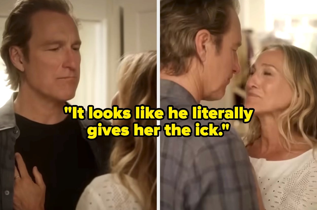 A man and woman face each other closely, appearing somewhat tense. Text reads, "It looks like he literally gives her the ick"