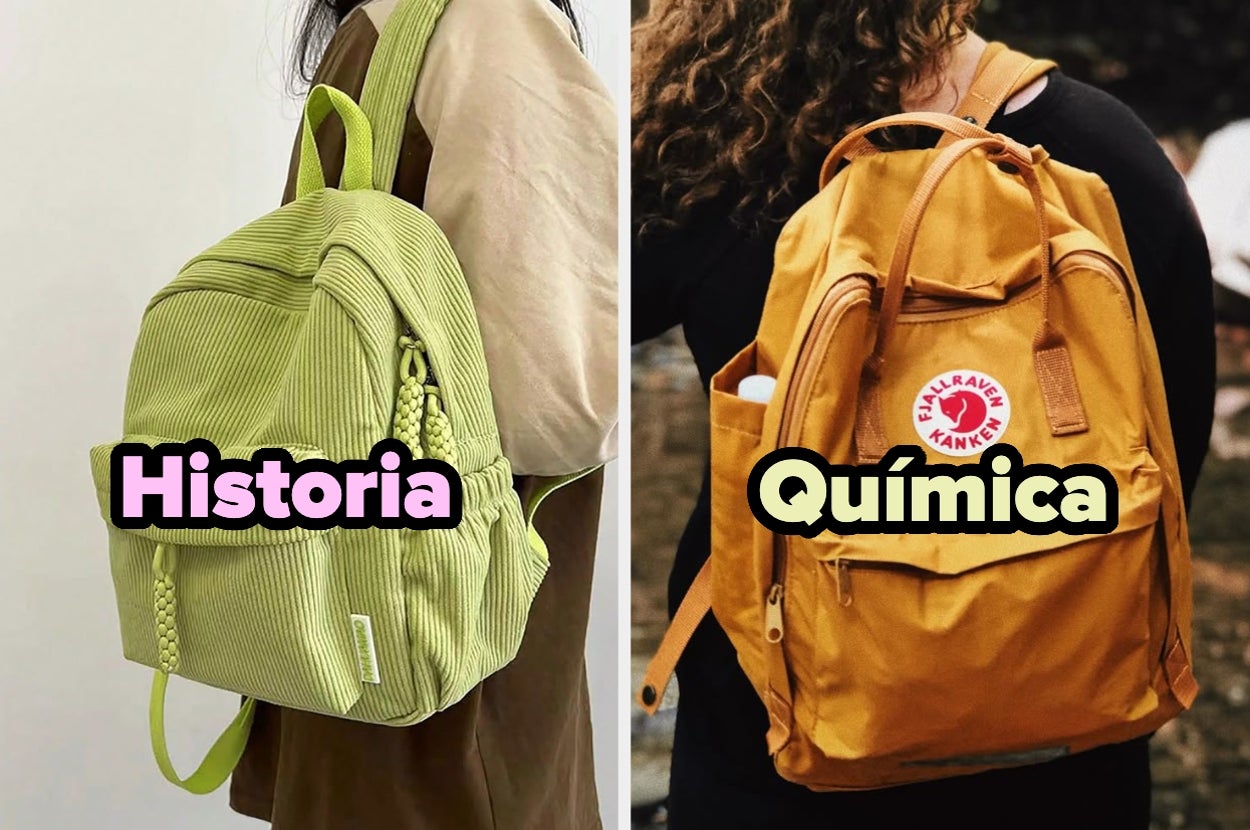 Dos mochilas con texto: "Historia" en una mochila verde y "Química" en una mochila amarilla