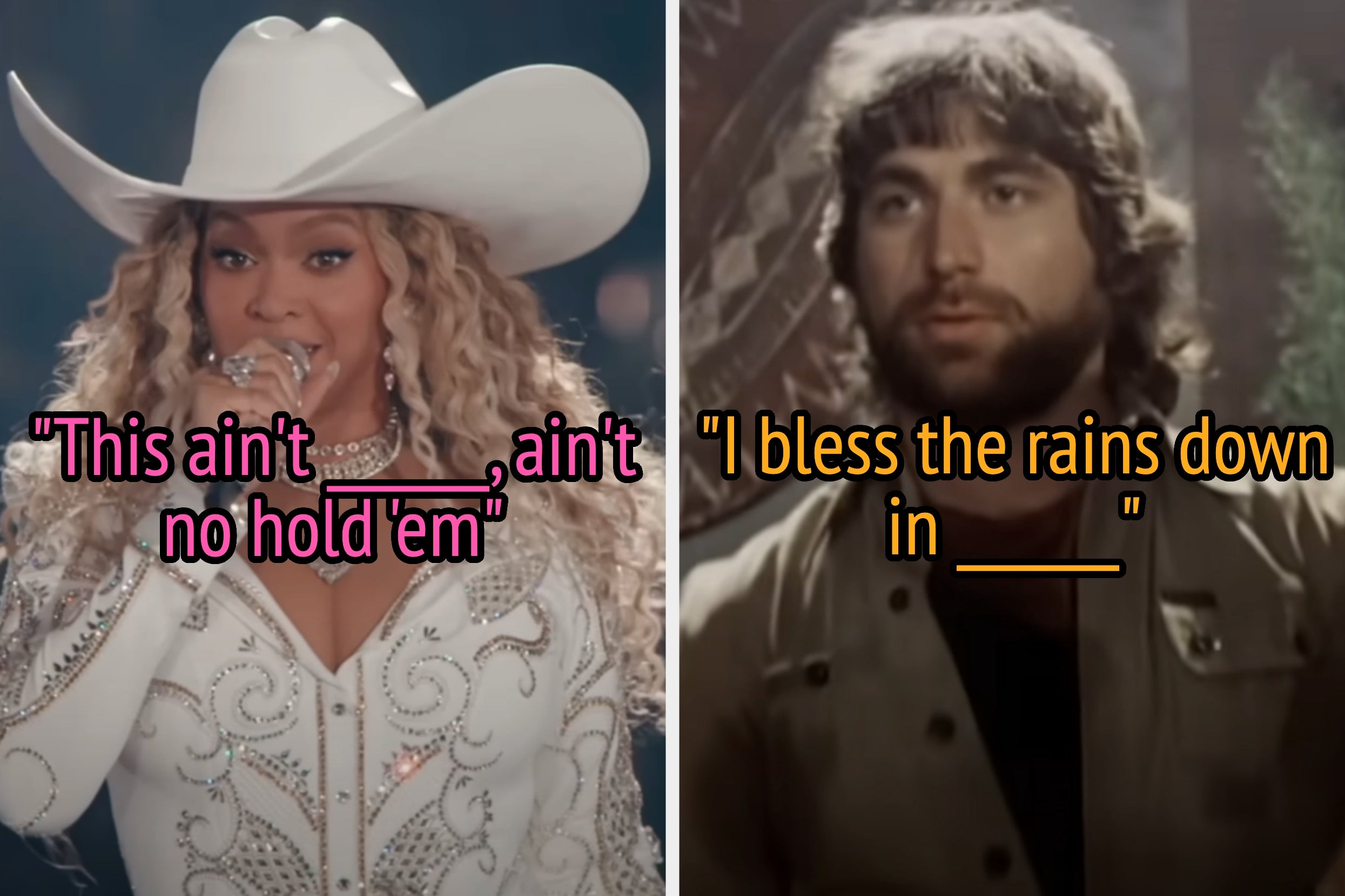 On the left, Beyoncé singing into a microphone labeled this ain't blank, ain't no hold 'em, and on the right, Toto in a music video labeled I bless the rains down in blank