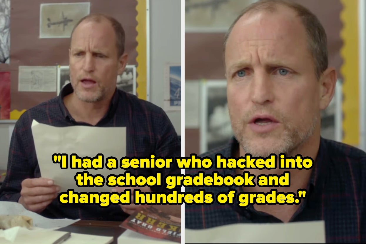 A teacher reads a paper with a surprised expression. Text on image: "I had a senior who hacked into the school gradebook and changed hundreds of grades"