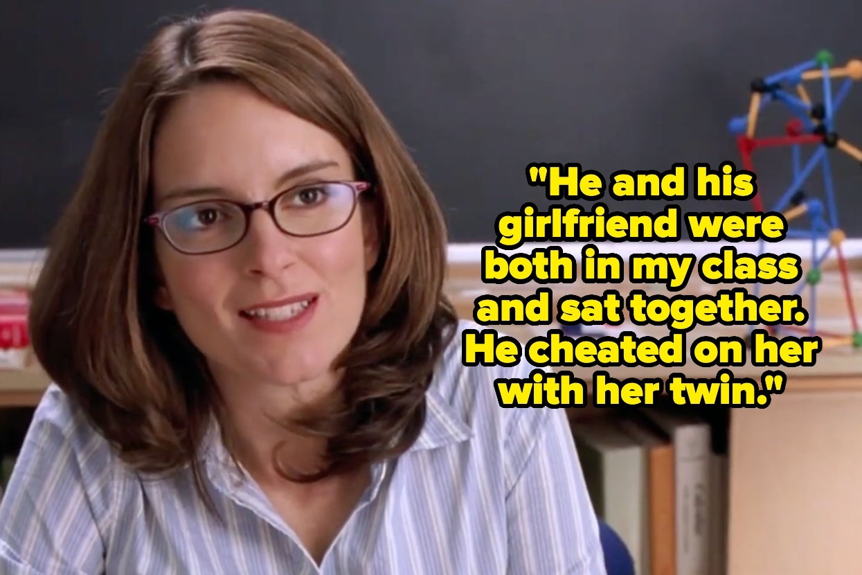 A woman with glasses in a classroom setting, with a quote about a student cheating with a twin