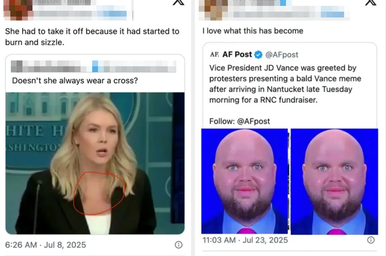 A woman speaking at a press event. Text in tweets discusses a burning object and a meme of a prominent figure at an RNC fundraiser