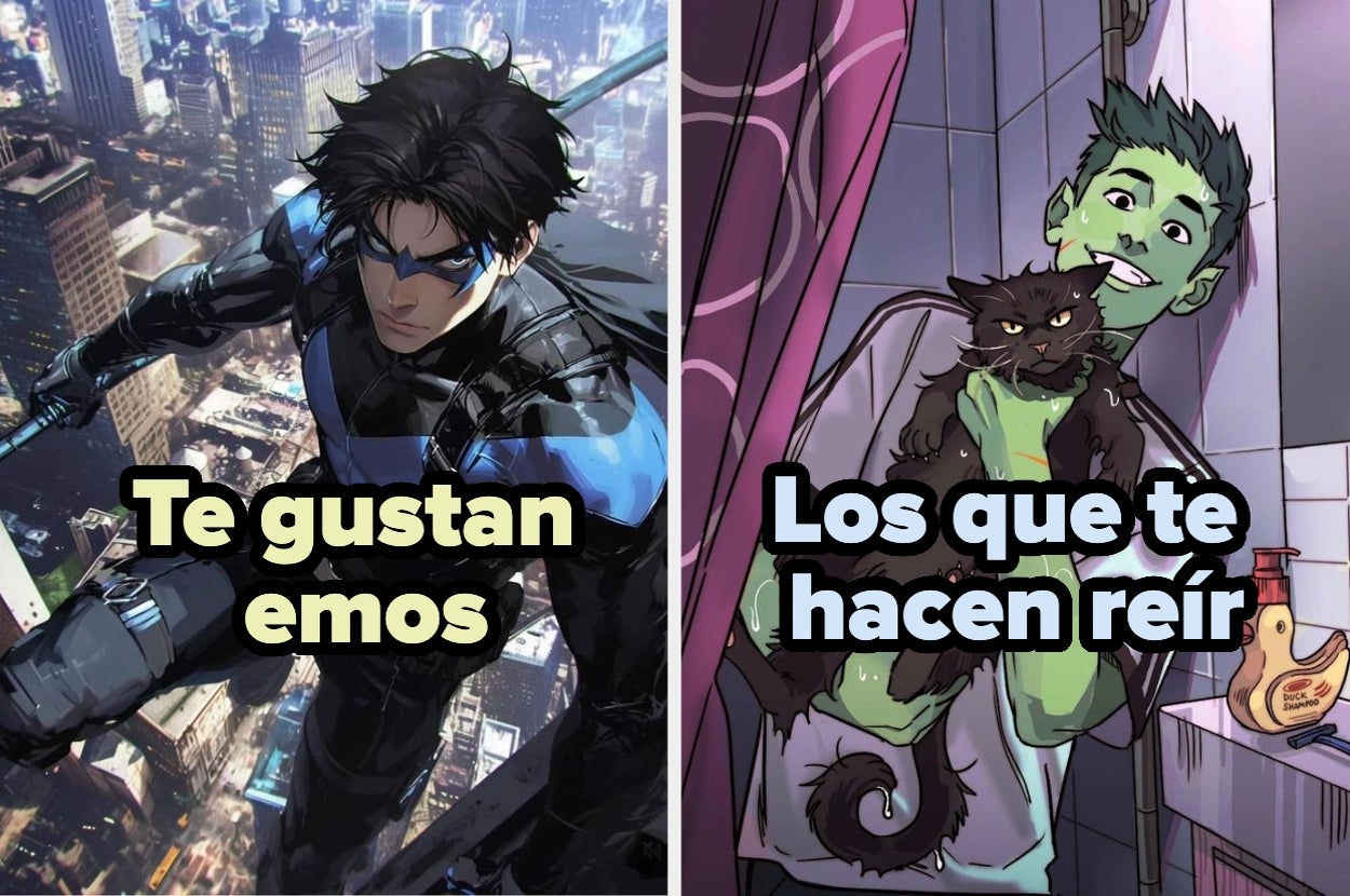 Imagen dividida: izquierda muestra a un personaje héroe tipo emo volando; derecha, a un personaje verde sonriente en baño con gato. Texto: "Te gustan emos. Los que te hacen reír."