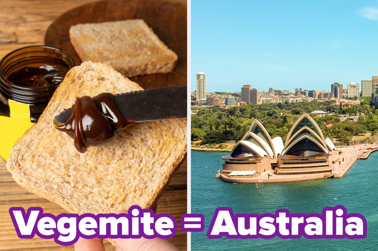 A knife spreads Vegemite on toast beside an image of the Sydney Opera House. Text reads "Vegemite = Australia."