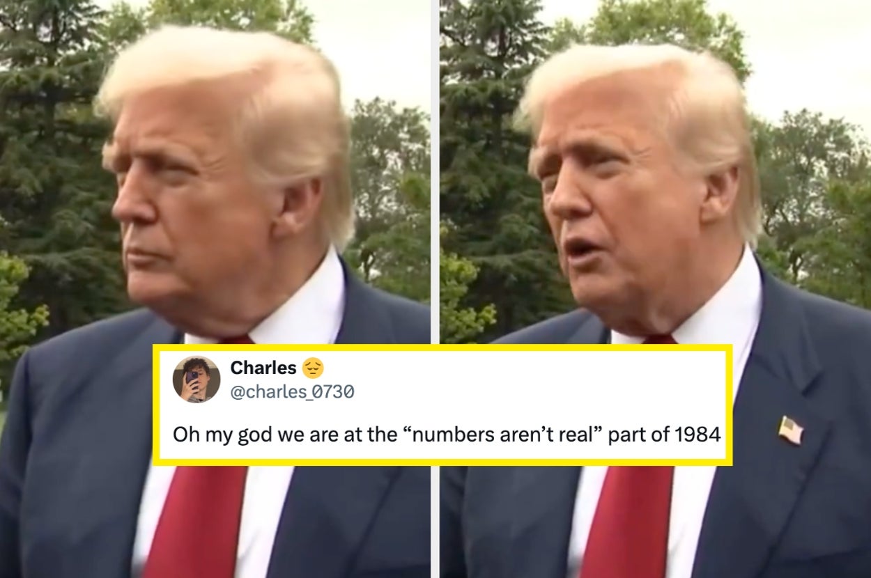 Two images of a public figure speaking outside, with a tweet stating disbelief about unreal numbers related to "1984."
