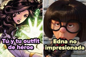 Montaje humorístico de un personaje heroico con traje resaltante y Edna, personaje animado, con expresión desaprobadora. Texto: "Edna no impresionada"
