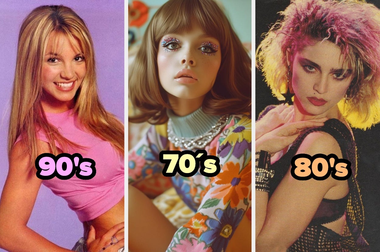 Tres mujeres en estilos de moda de las décadas de los 90, 70 y 80