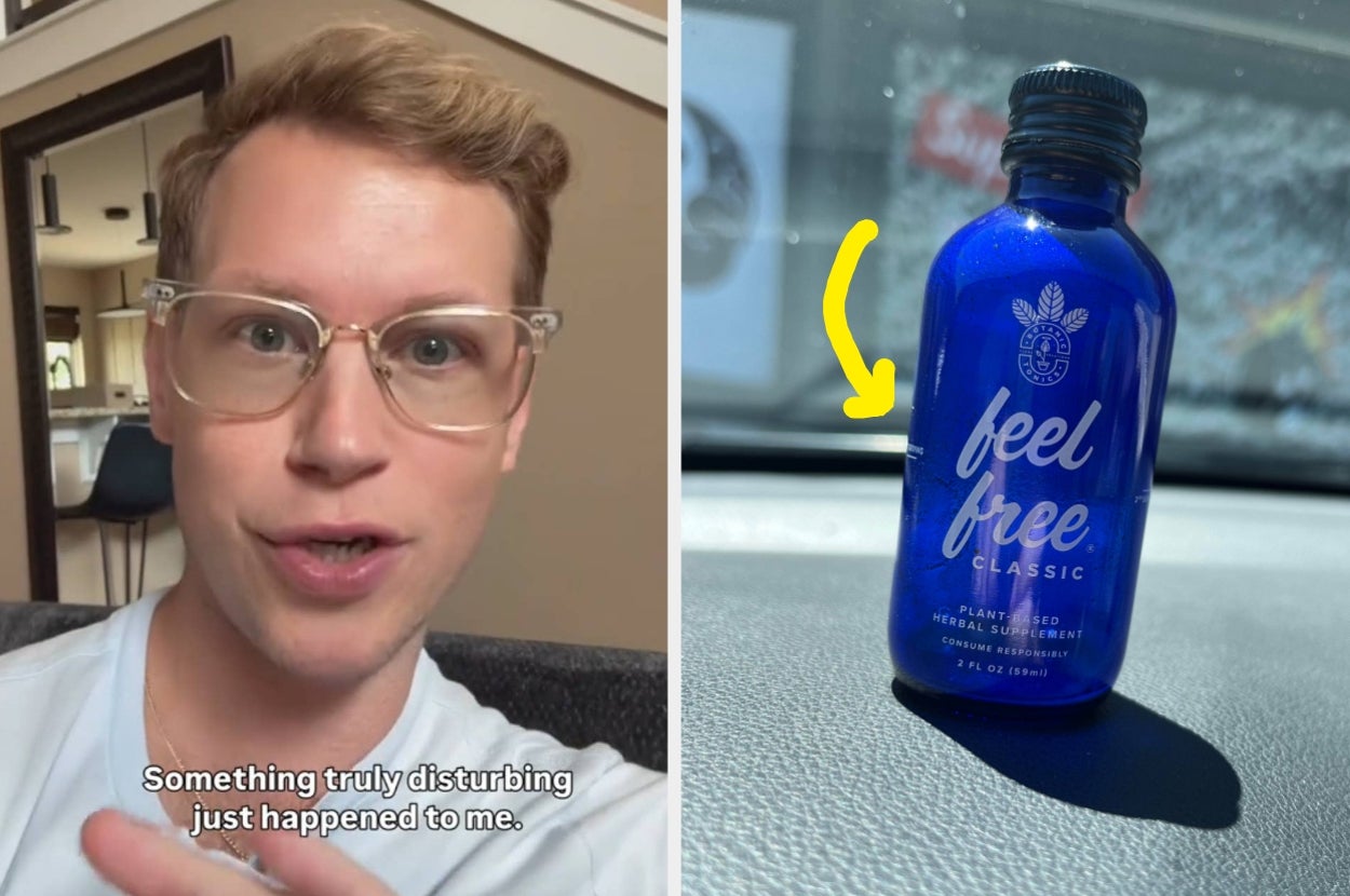 Person with glasses discussing an experience next to an image of a "Feel Free Classic" drink bottle